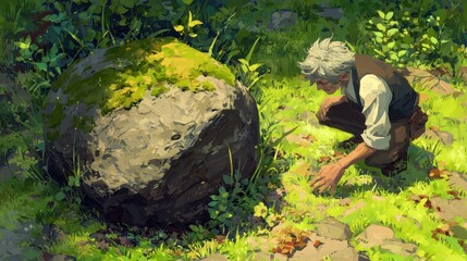 Curious man crouching to peek under a mossy rock in a sunlit outdoor scene