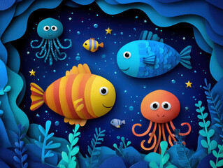 Obraz premium Underwater scene with playful cartoon sea creatures and vibrant aquatic plants