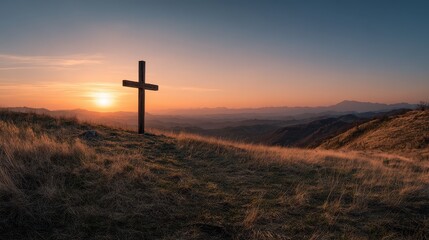 Cross on a sunset horizon: tranquil silhouette over rolling hills