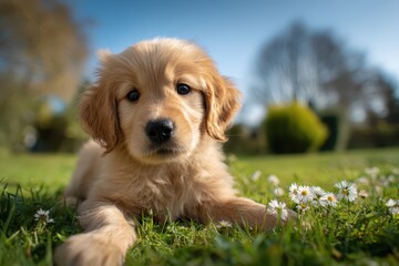 Obraz premium Curious seven-week-old golden retriever puppy exploring a sunlit garden
