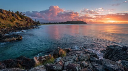 Dawn at Wooli Head, New South Wales: calm sea, distant headland and red/green markers