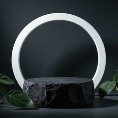 Minimalist Dark Stone Pedestal with White Ring and Green Leaves for Product Display.
