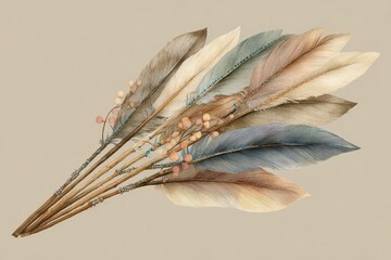 Delicate feather fan art in warm earth tones featuring multicolored plumes and decorative beads