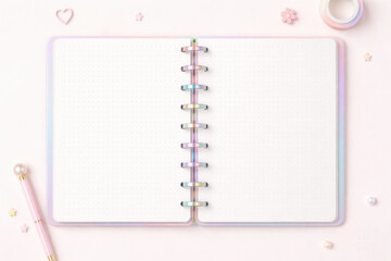 Pastel discbound notebook flatlay with dotted pages and cute stationery elements, perfect for planner design, journaling, and mockup use