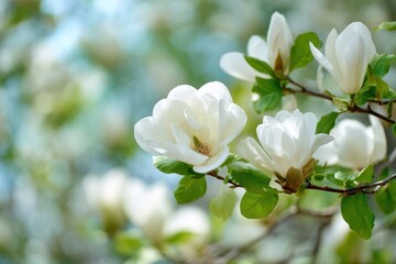 Delicate magnolia flowers and lush leaves in a tranquil outdoor setting