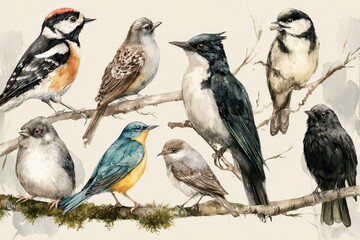 Delicate woodland bird portraits in watercolor, natural forest ambiance and detailed feather texture