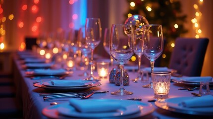 Empty dining table set for celebration with disco light reflections shimmering on glassware and cutlery, festive table setting, elegant anticipation, low ambient light