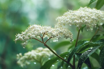Delicate white elderflowers in a tranquil woodland scene