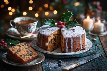 Dense fruit cake slice revealed, studded with currants and candied peel, festive holiday scene