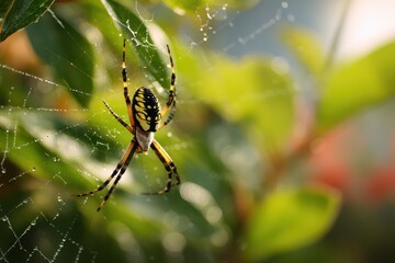 Detail shot of a vibrant black and yellow spider on its web with lush garden backdrop