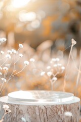 Fototapeta premium A podium sits on a natural surface surrounded by wildflowers. The background is blurred, creating a warm light effect. Sunlight highlights the flowers in the meadow