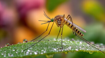 Detailed macro portrait of a mosquito with translucent wings on a leaf