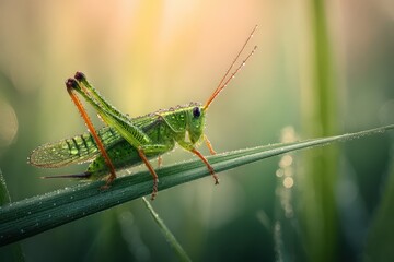 Detailed view of a grasshopper in a tranquil outdoor meadow