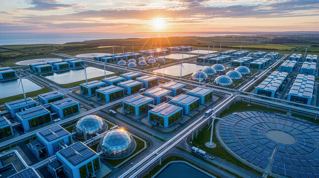 Sustainable: Modular sustainable aviation fuel SAF refinery production plant at sunrise, industrial decarbonization