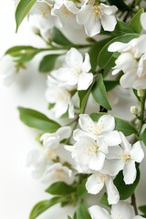 Obraz premium A shrub displays tiny white flowers arranged in clusters. The plant has an irregular shape and is surrounded by green leaves. This scene captures springtime growth in a garden setting