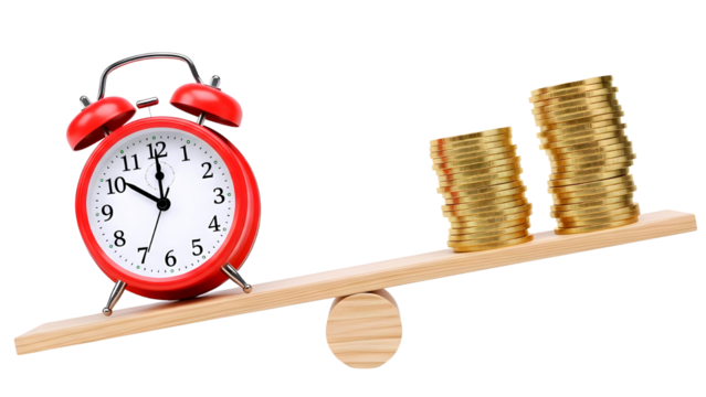 Red alarm clock and gold coins on balance scale, isolated on transparent background - Powered by Adobe