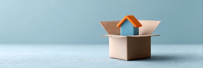 Small wooden house with orange roof coming out of a cardboard box placed on a light blue surface. Representing concepts related to real estate. Moving. Buying or renting a home. And mortgage expenses