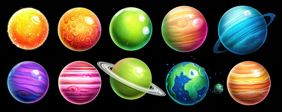 Colorful planets illustrated with bright and artistic designs on a dark background