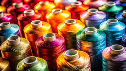 Colorful spools of thread for embroidery, close up