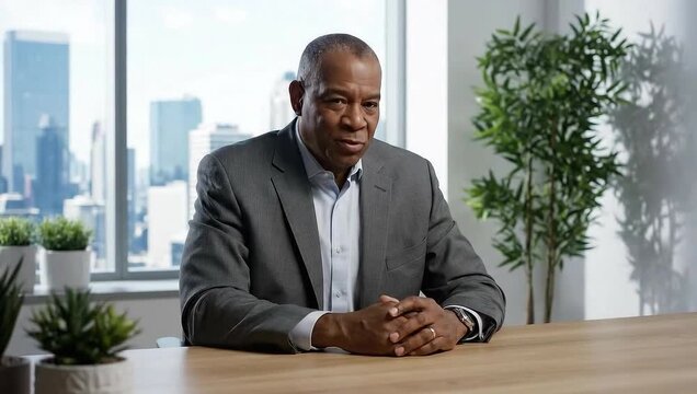 Confident African American Businessman in Suit Talking in Modern Office Setting.
