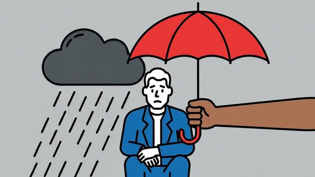 Hand holding umbrella over depressed man Flat 2D vector outline illustration animation