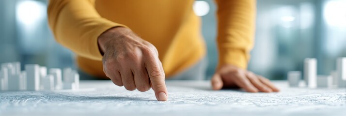 Architect pointing at a blueprint with miniature buildings on a table, designing a new residential project in the architectural office, focusing on sustainable and innovative solutions