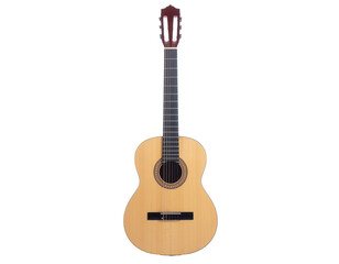 Naklejka premium Classical wooden acoustic guitar with glossy natural spruce top and dark fretboard