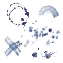 Fototapeta premium A set with spots of paint, round prints and splashes on an isolated background. An illustration with dark streaks of watercolor paint. Watercolor clipart for art design projects.