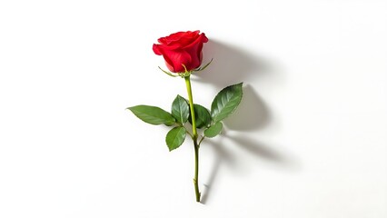 Obraz premium Single red rose with green leaves on white background.