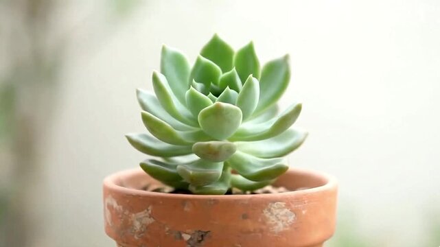 A vibrant green succulent thrives in a rustic terracotta pot, captured with a gentle focus against a softly blurred, bright background. The intricate rosette pattern of the plant's fleshy leaves showc