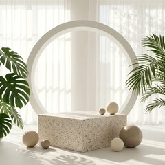 Minimalist Product Display with Geometric Pedestal and Tropical Leaves in Bright Sunlight.