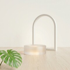 Minimalist Product Display with Monstera Leaf and Arch.