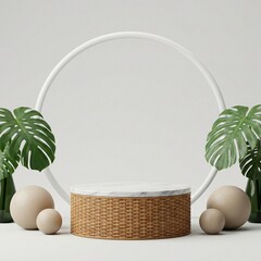 Minimalist Product Display with Rattan Pedestal and Tropical Leaves.
