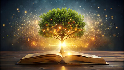 Open book with glowing tree and rays of light coming out of pages