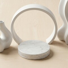Minimalist White Marble Product Display Podium with Arch and Vases.