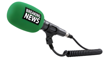 Green microphone with breaking news text isolated on transparent background