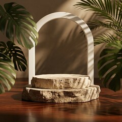 Natural wood slice podium with tropical leaves and arch for product display.