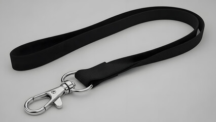 Black blank lanyard with metal swivel clasp mockup on a bright white background.