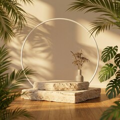 Tropical Stone Pedestal Display with Palm Leaves and Sunlight.