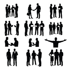 Business professionals interacting in various scenarios, depicted in silhouette against a plain setting, showcasing diverse workplace dynamics
