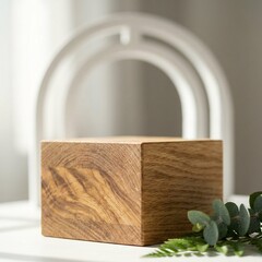 Wooden Block Display with Eucalyptus Leaves and Arch Background.