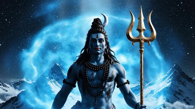 Lord Shiva on Snowy Mountain Trishul Cosmic Blue Energy Mahashivratri