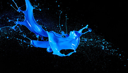 Vibrant blue paint splatter with drips and scattered droplets against black background, motion frozen