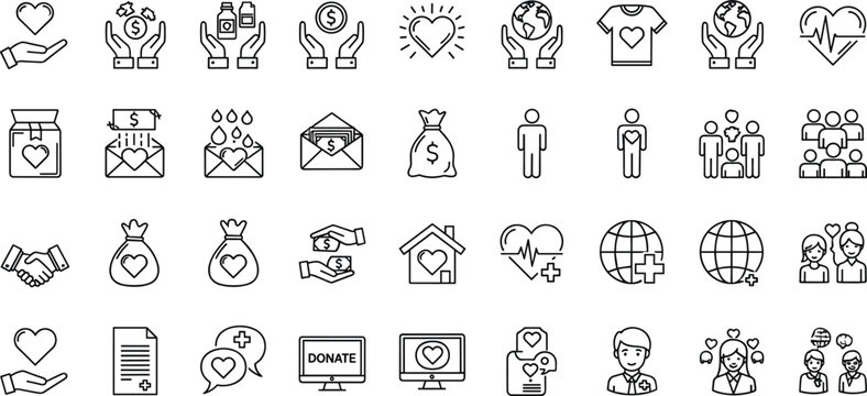 Charity donation and community support outline icons set for fundraising nonprofit and social care concepts