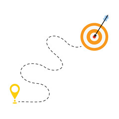 Goal achievement route infographic showing start marker, winding dashed line, archery target hit by arrow, ideal for presentations about objectives