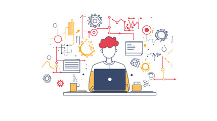 Man Working on Laptop with Business Icons.