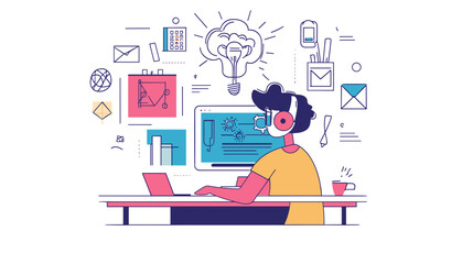 Man Working on Laptop with Creative Ideas.