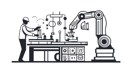 Man Working with Industrial Robotic Arm.