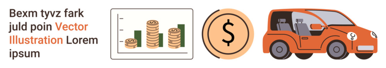 Finance, savings, transportation, wealth management, budgeting, investing. Stacked coins and bar chart, dollar symbol orange car. Finance and savings focus with wealth management and transportation