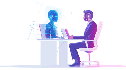 Man Working with Artificial Intelligence Robot.